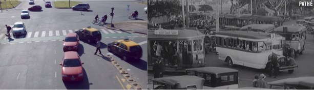 ("Rush Hour" by Black Sheep Films is a satirical imagining of what a world in which self-driven cars were allowed to drive as they like might look like. It's superficially simliar to the reality of city transport in the early 20th Century when powered-transport, horse-drawn transport and pedestrians mixed freely; but at a much higher average speed)